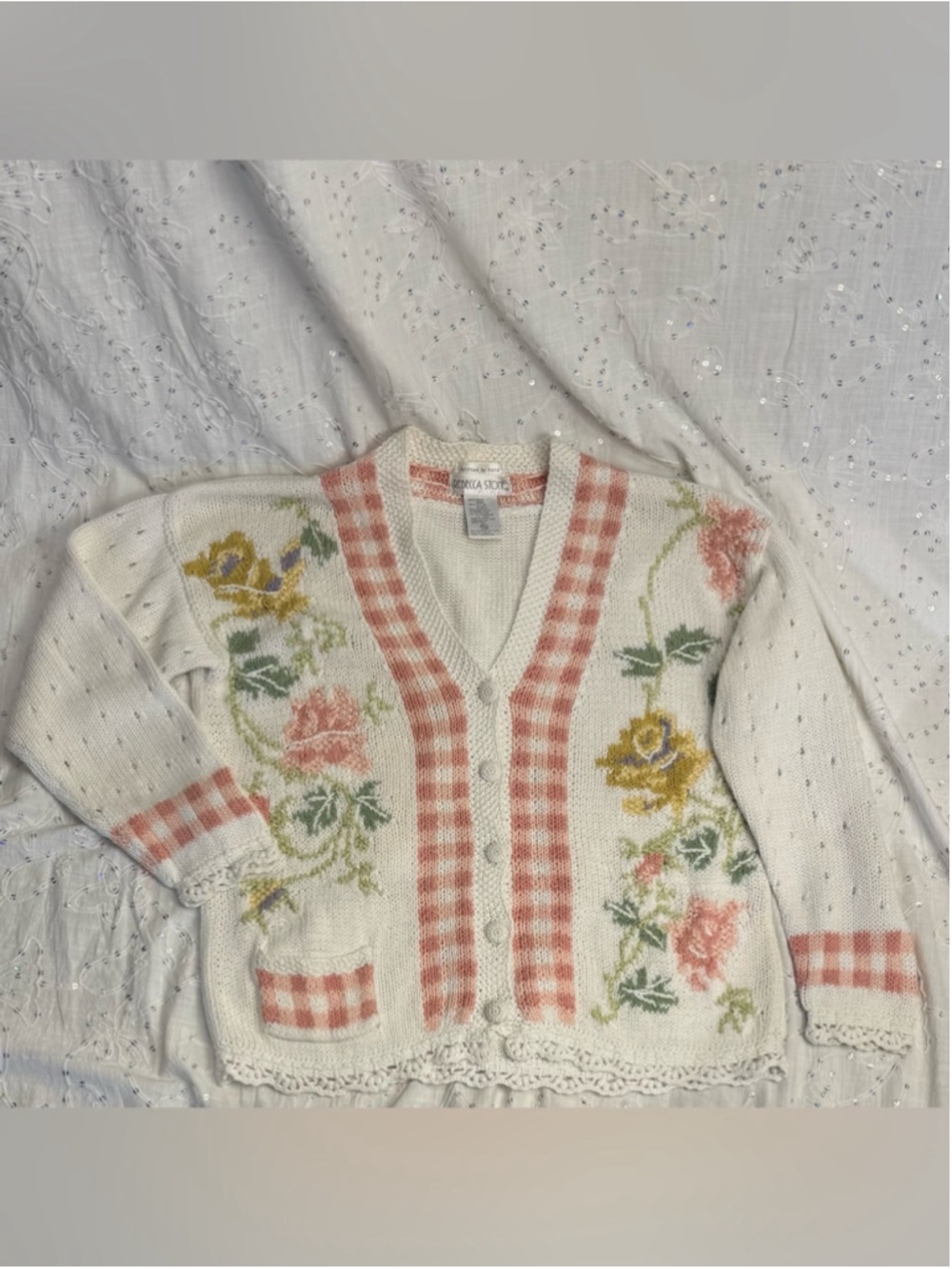 Vintage Rebecca Stone Hand Knit Floral Cardigan Cottagecore Grandmacore Medium